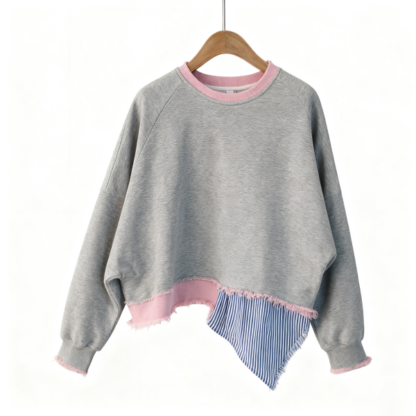 Gray and Pink Contrast Fringe Hem Sweatshirt