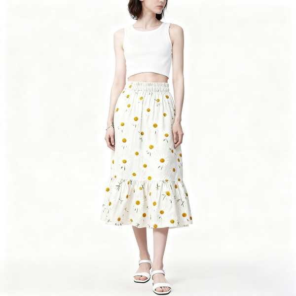 White Daisy Print Tiered Midi Skirt