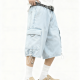Light Wash Denim Cargo Shorts with Drawstring Cuffs