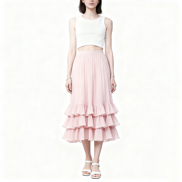 Pink Tiered Ruffle Chiffon Midi Skirt