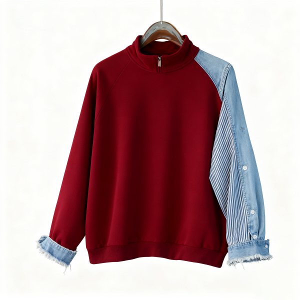 Burgundy Denim Panel Half-Zip Sweatshirt