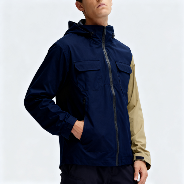 Navy & Beige Asymmetric Sleeve Hooded Jacket