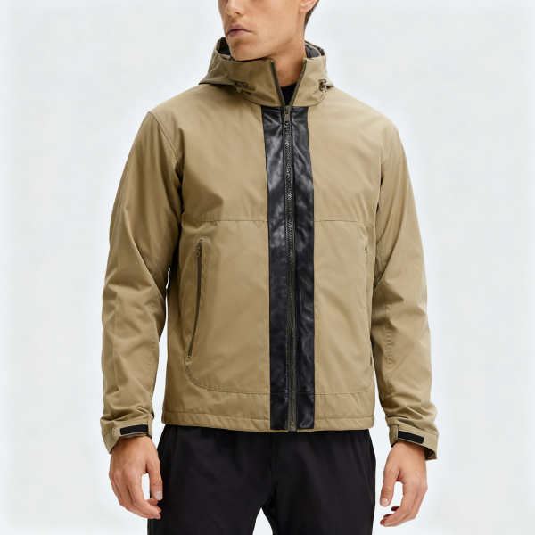 Beige & Black Panel Full-Zip Hooded Jacket